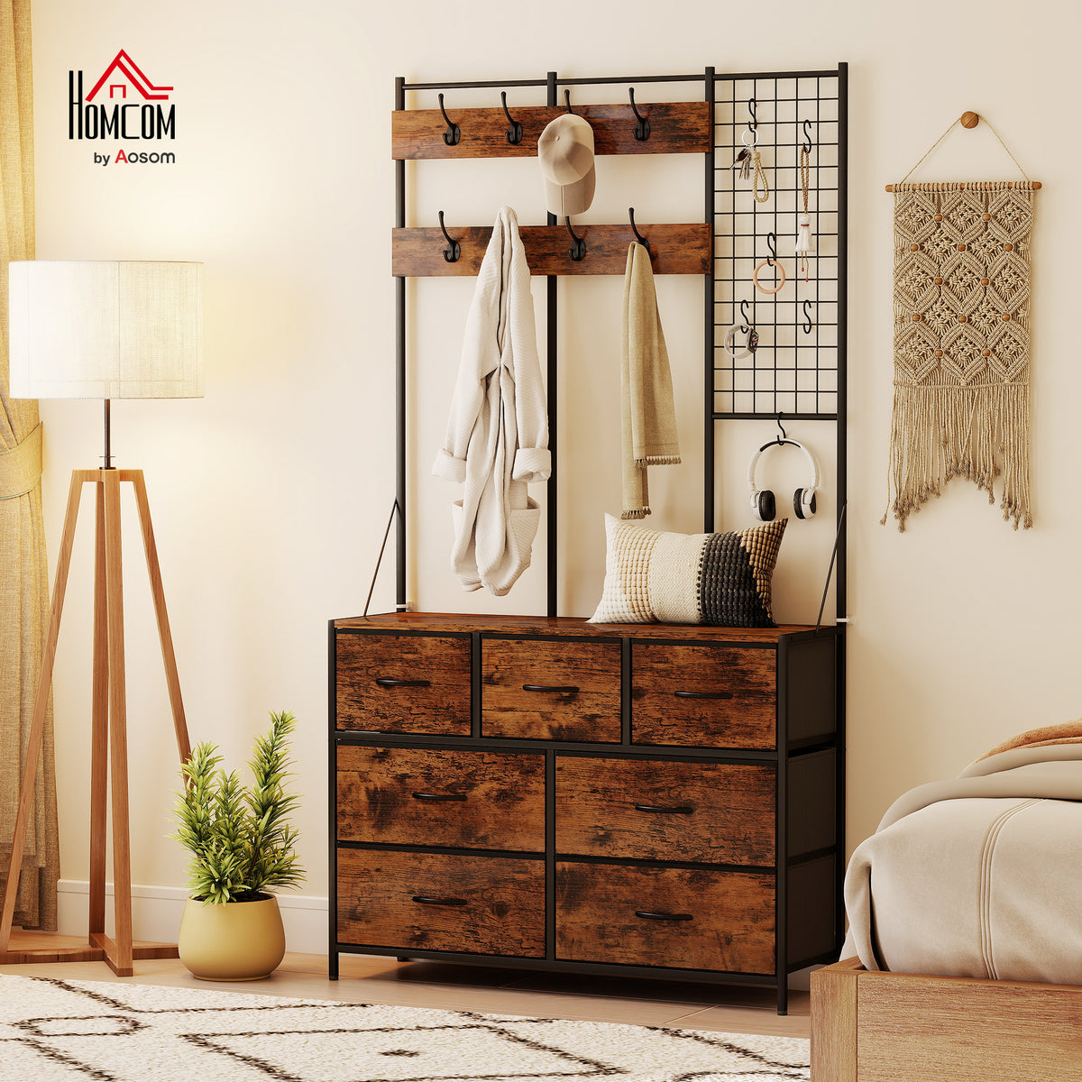 Coat rack, garment rack with fabric drawer, 14 hooks for hallway, bedroom, rustic brown, height 183 cm (2)