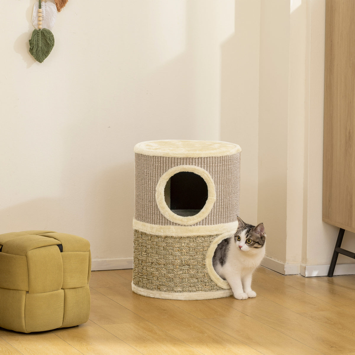 PawHut Kratztonne, 49 cm hoch, Ø35,5 cm zweistöckige Katzentonne mit Plüschrand Kratzmatte, 2 Höhle – Produktabbildung 2