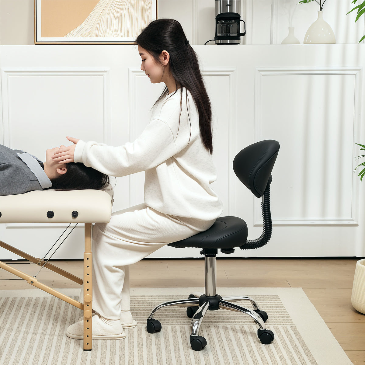 Height-adjustable rolling stool with backrest, swivel stool 83-98 cm, 360° rotatable work stool for office (2)