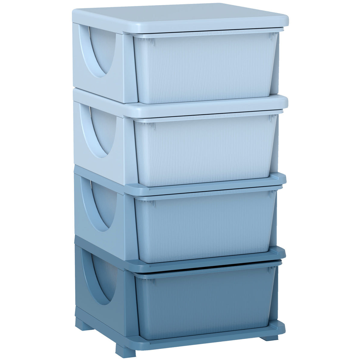 Storage boxes for children, 4 drawers, rounded edges, raised design, plastic, blue