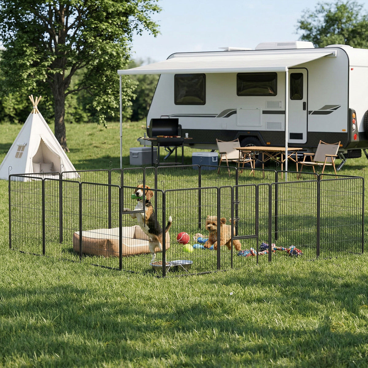 PawHut Welpenauslauf, modulares Design, 16 Elemente, 2 Türen, wetterfest, Stahl, 3,2 x 3,2 x 1 m, grau – Produktabbildung 2