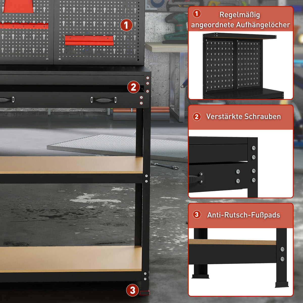 HOMCOM Werkbank 80 x 40,5 x 155 cm Werkzeugbank mit Lochwand, Haken, Schublade, 2 Ablagen für Werkstatt – Produktabbildung 7