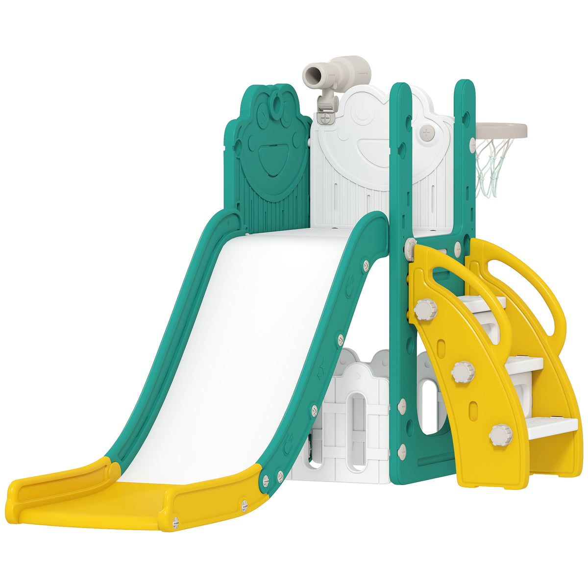 5-in-1 Kinderrutschenset, Teleskop, Basketballkorb, Kunststoff, Gelb+Grün