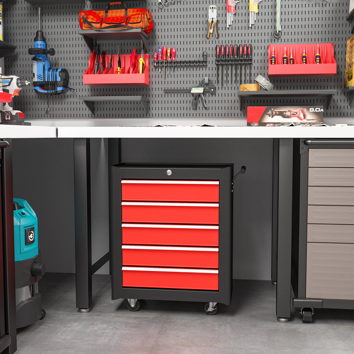 HOMCOM Werkzeugkiste, Werkzeugschrank, rollbar, 5 Schubladen, Stahlblech, Schwarz+Rot – Produktabbildung 2