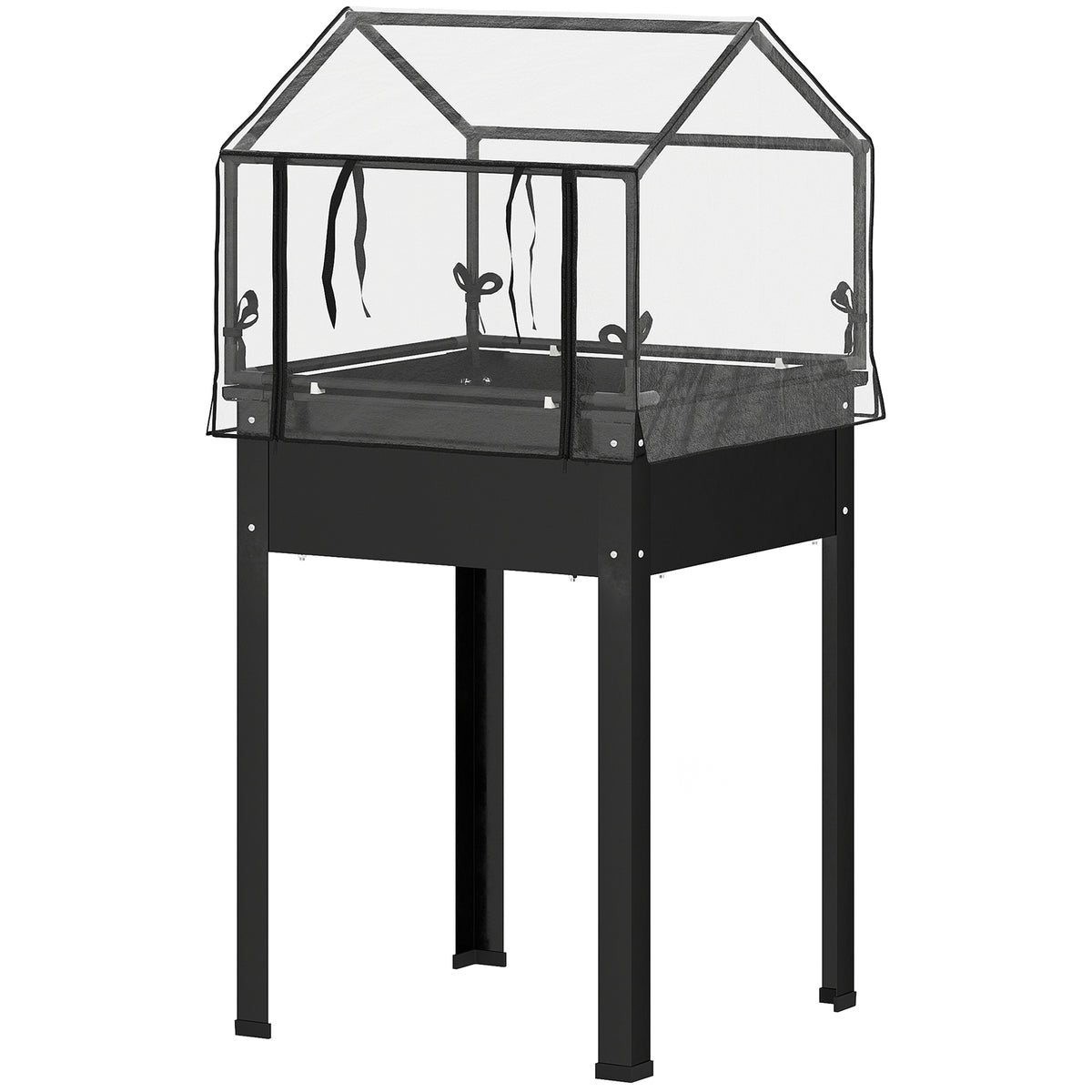 Raised garden bed with greenhouse roof, elevated planter box with drainage holes, 60 x 60 x 120 cm, black