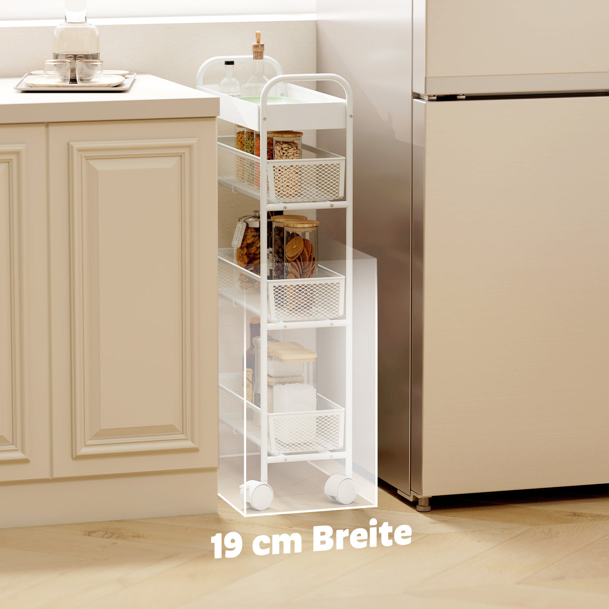 HOMCOM Küchenwagen aus Metall, 3 Körbe, schmales Design, 4 Räder, für Küche, Wohnzimmer, Badezimmer – Produktabbildung 6