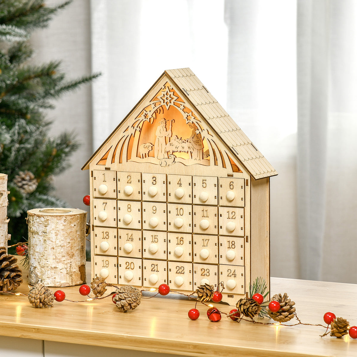 HOMCOM Adventskalender mit LED-Beleuchtung, 24 Schubladen, Krippenszene, 26,6x6x30 cm, Holzoptik – Produktabbildung 2