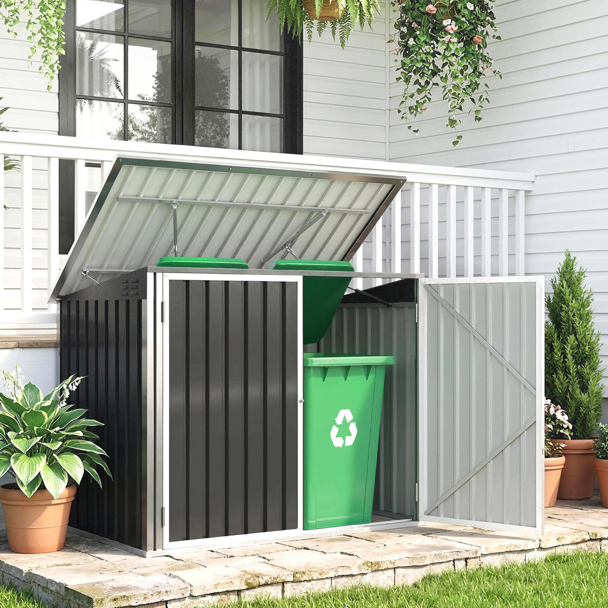 Outsunny Mülltonnenbox für 2 Mülltonnen aus verzinktem Stahl Müllbox mit Klappdeckel Gasdruckfeder – Produktabbildung 2