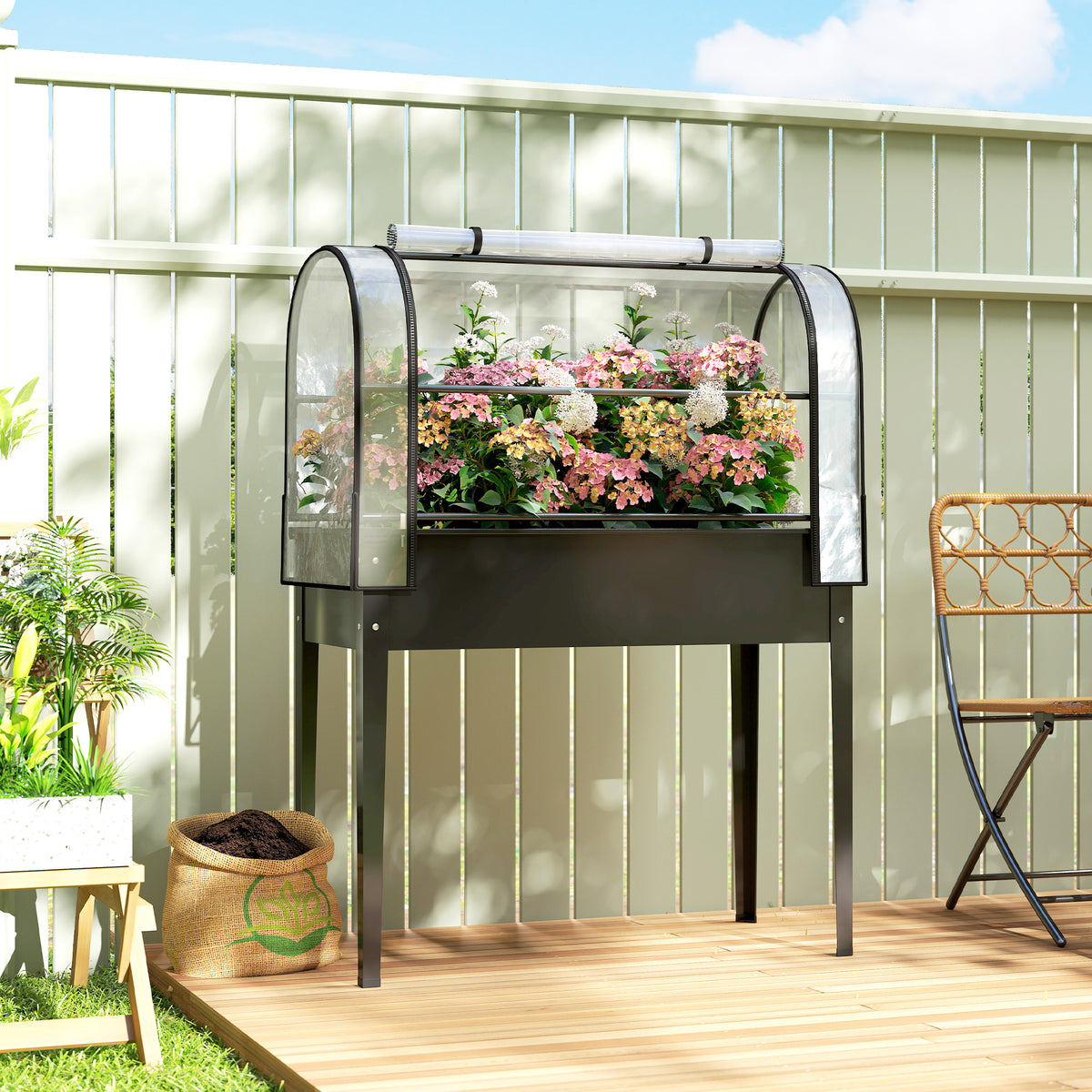 Outsunny Hochbeet mit Gewächshaus-Aufsatz Pflanzkasten mit aufklappbar Abdeckung Rollbar – Produktabbildung 2