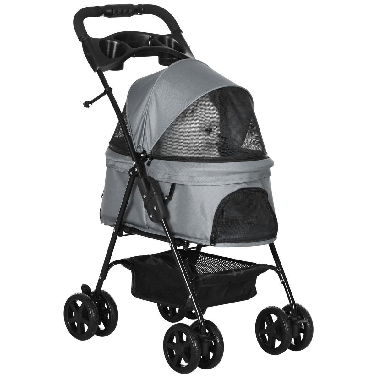 Dog Stroller Pet Buggy up to 4 kg Foldable Mesh Windows Storage Basket Cup Holder Removable Canopy Grey 67 x 45