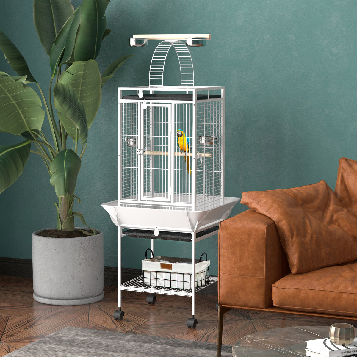 PawHut Vogelkäfig, Papageienkäfig mit 3 Türen, 2 Sitzstange, 360° Rollen, Futternapf, Ablage, Freisitz – Produktabbildung 2