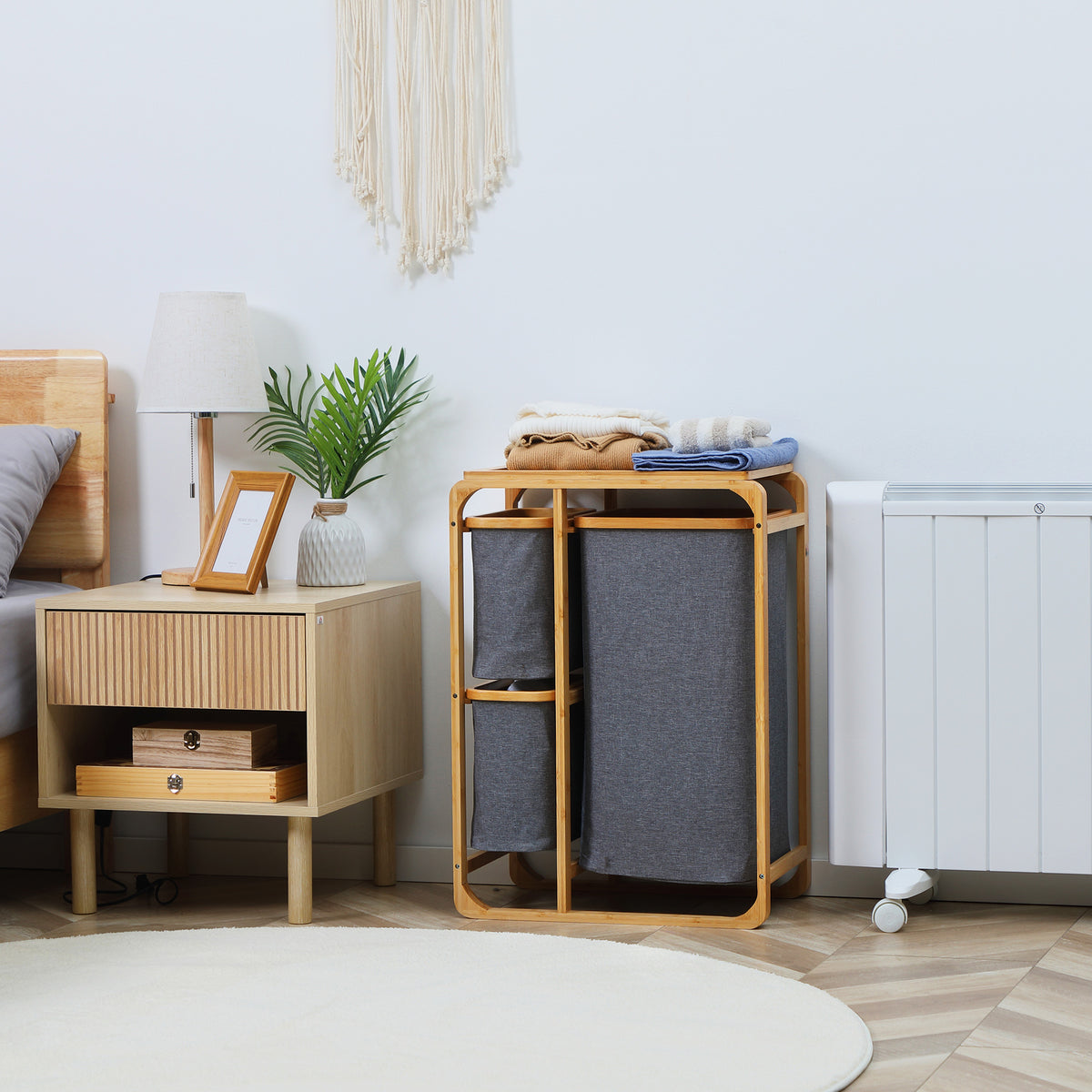 HOMCOM Wäschekorb aus Bambus , 3 abnehmbare Körbe 50 cm x 32 cm x 69,7 cm Natur Grau – Produktabbildung 2