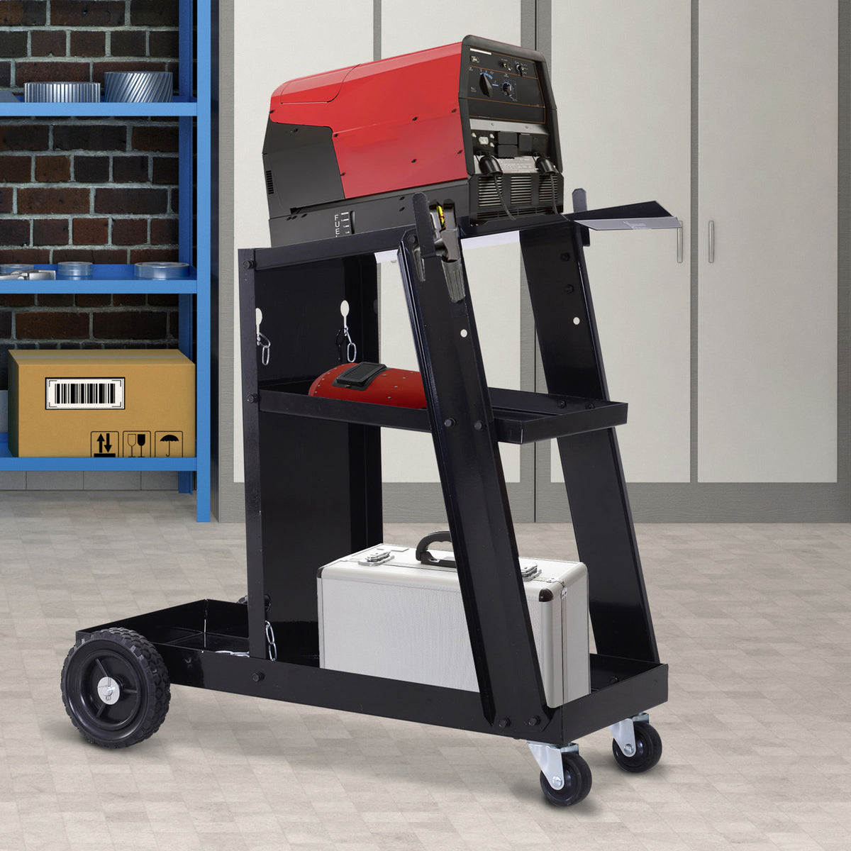 Schweißwagen, 3 Ablagen, Sicherheitskette, 4 Räder, Stahl, 71 x 39 x 70cm, Schwarz – Produktabbildung 2