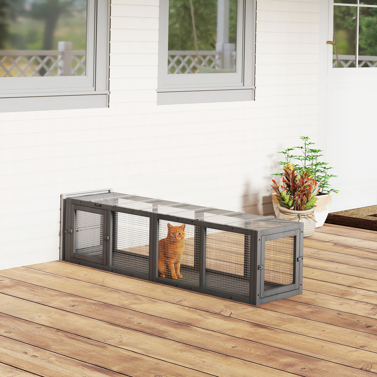 PawHut Katzentunnel Katzenspielzeug aus Holz mit 3 Türen, erweiterbar Spieltunnel für Katzen bis 10 kg – Produktabbildung 2