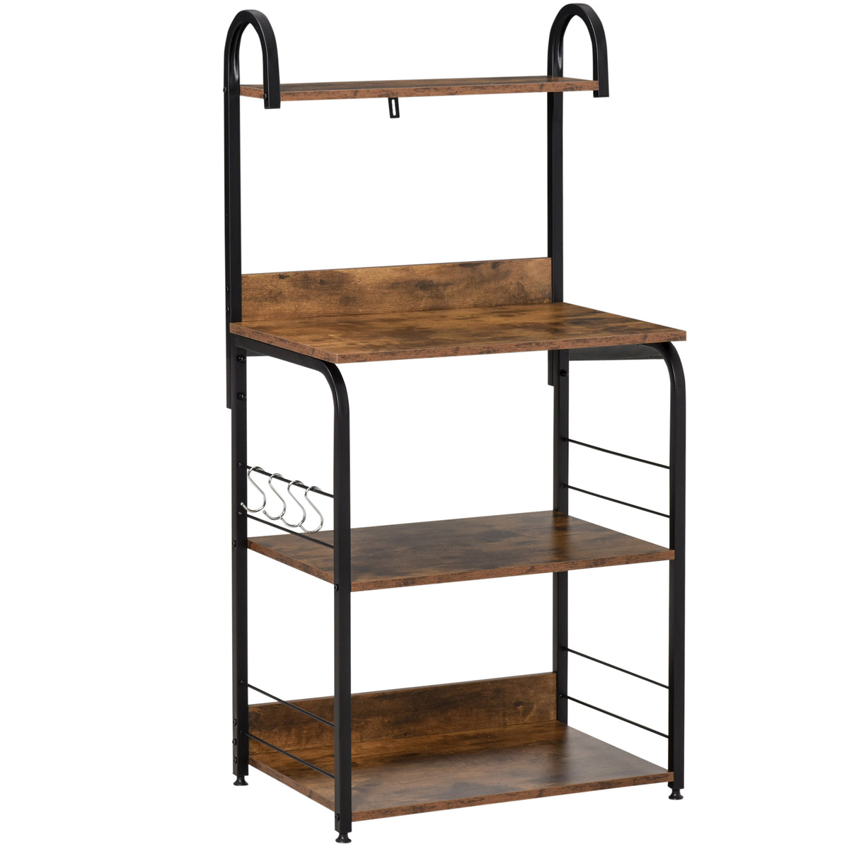 HOMCOM Küchenregal, Standregal mit 3 Ablagen, 4 Haken, Mikrowellenregal für Küche, Esszimmer, Rustikal-Braun