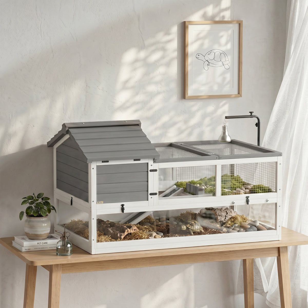 Wooden tortoise house tortoise enclosure with two main houses hinged top lamp holder grey (2)