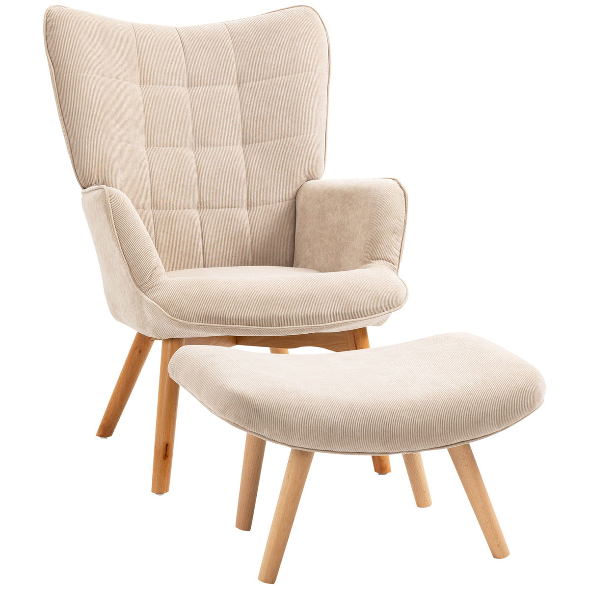 Accent chair with ottoman, corduroy-look lounge chair, armchair with wooden legs, for living room, beige