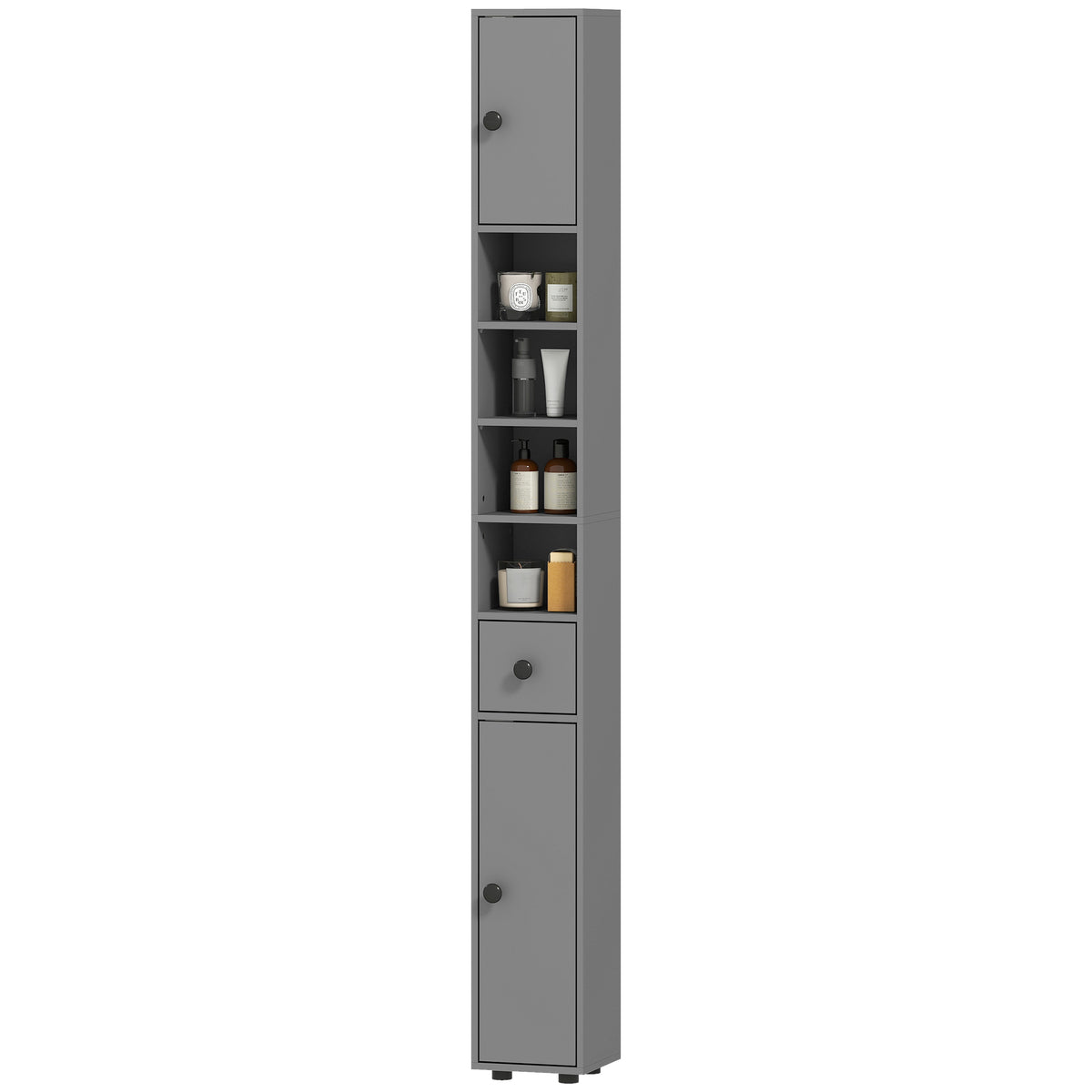Bathroom cabinet, 4 shelves, drawer, chipboard, slim design, grey (10)
