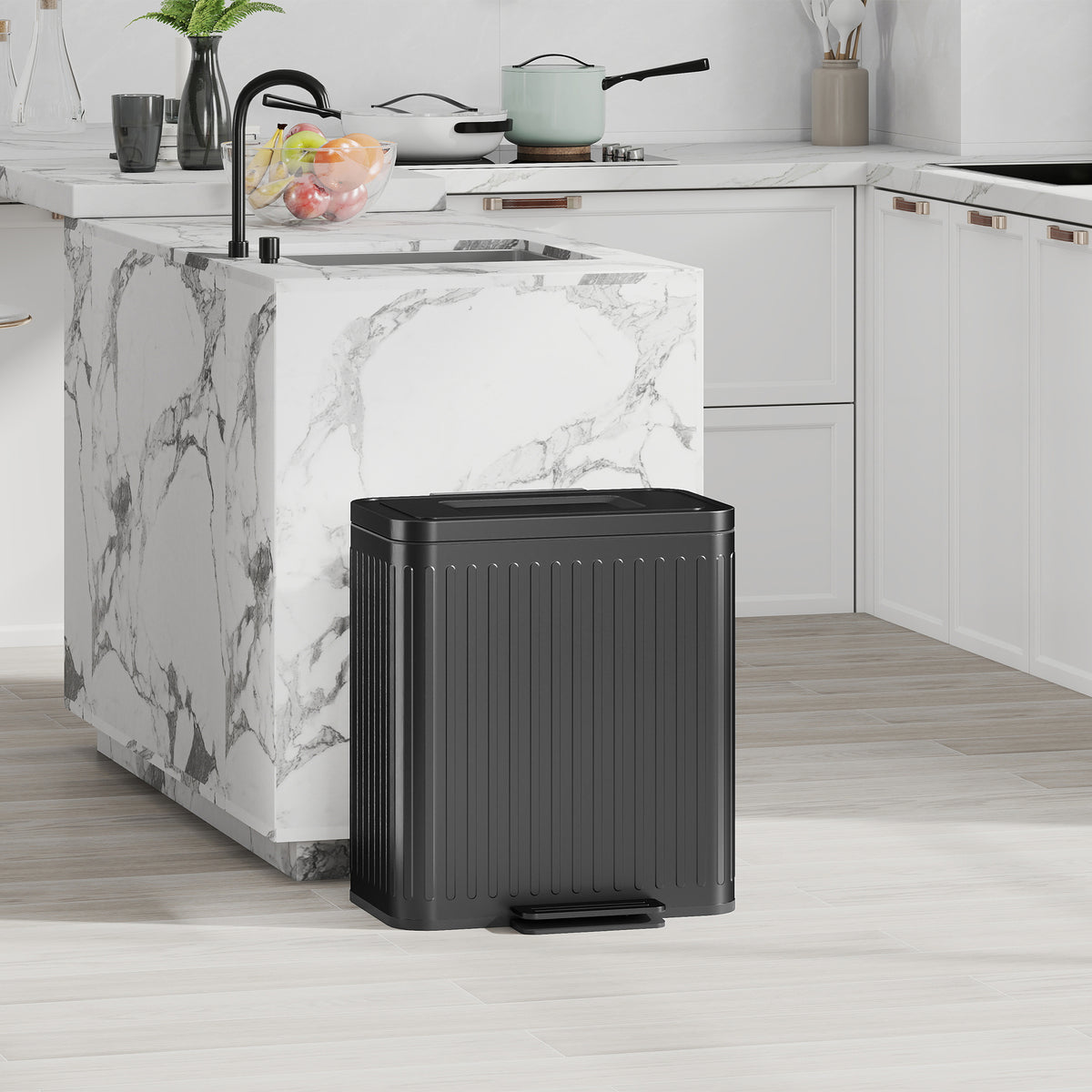 HOMCOM Küchenmülleimer, 2 x 20 L-Fächer, effiziente Mülltrennung, Fußpedal, Kunststoff, Metall, Schwarz – Produktabbildung 2