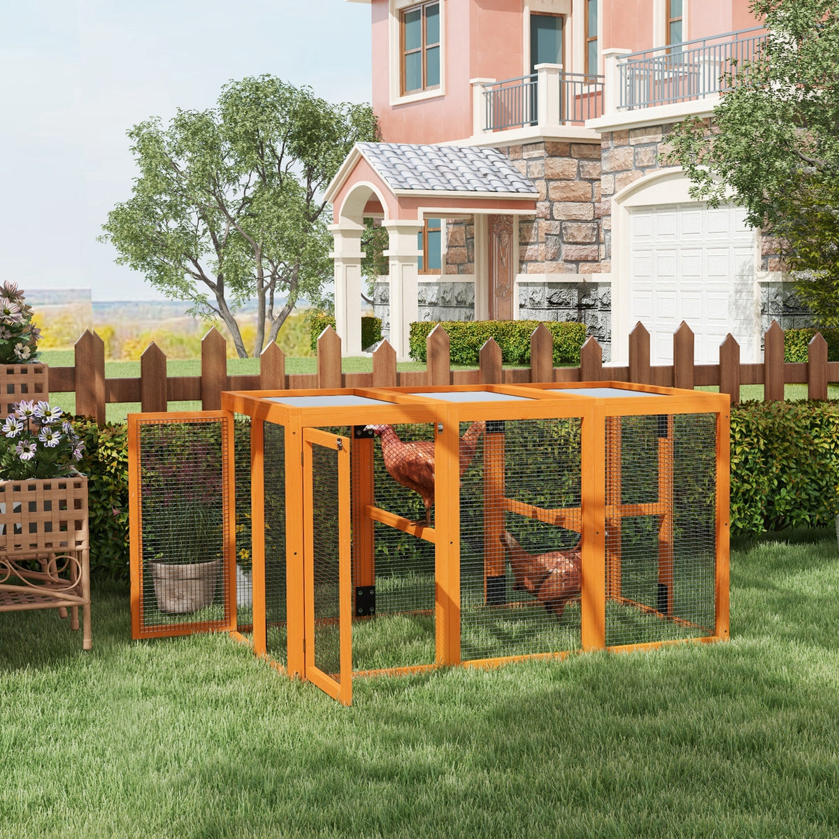PawHut Hühnerstall für 1-3 Hühner, Holzrahmen, Stahldraht, erweiterbares Design, Holzsitzstangen, Orange – Produktabbildung 2