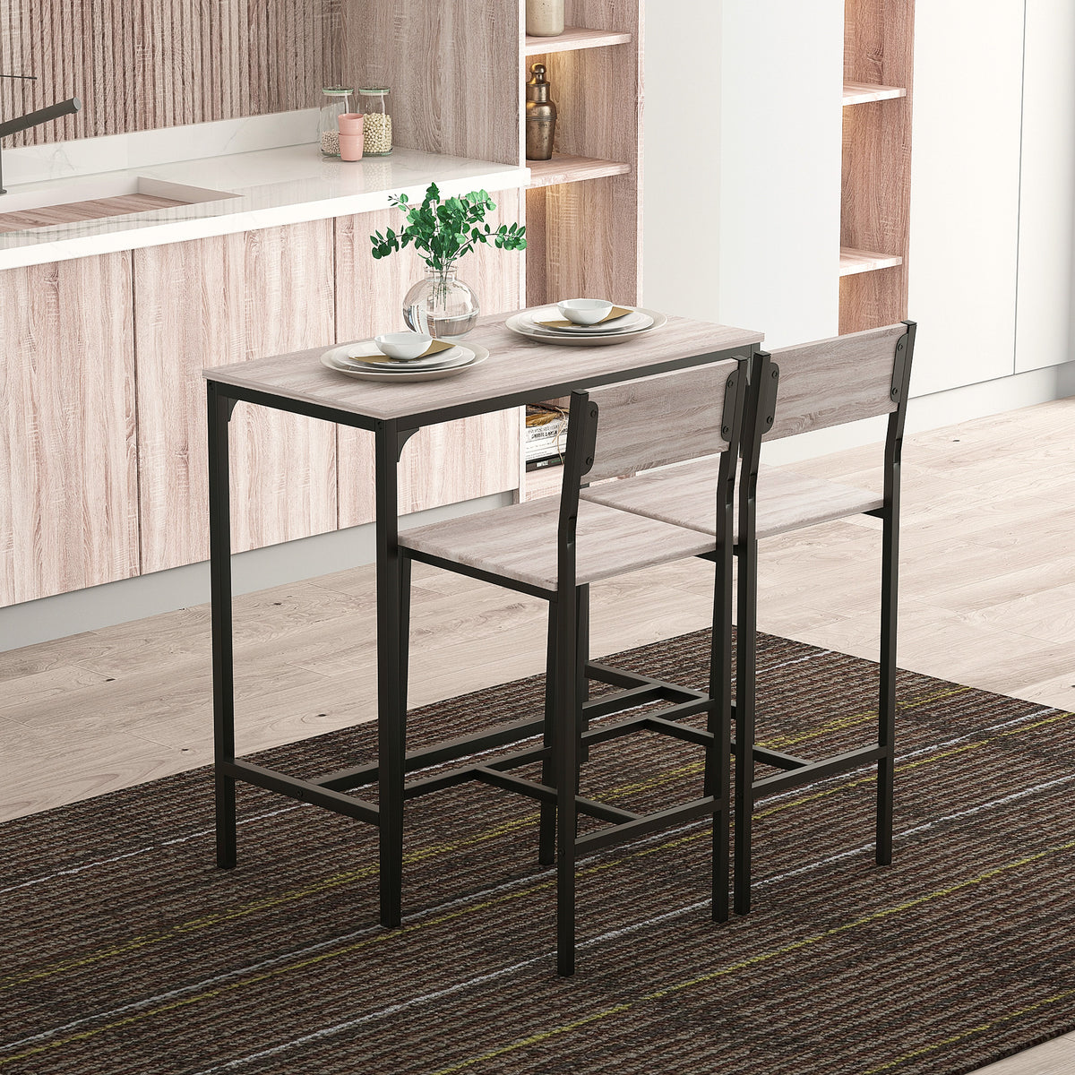 Bar table set, bar table with bar stool set, dining table with 2 chairs with backrests, kitchen table for dining (2)