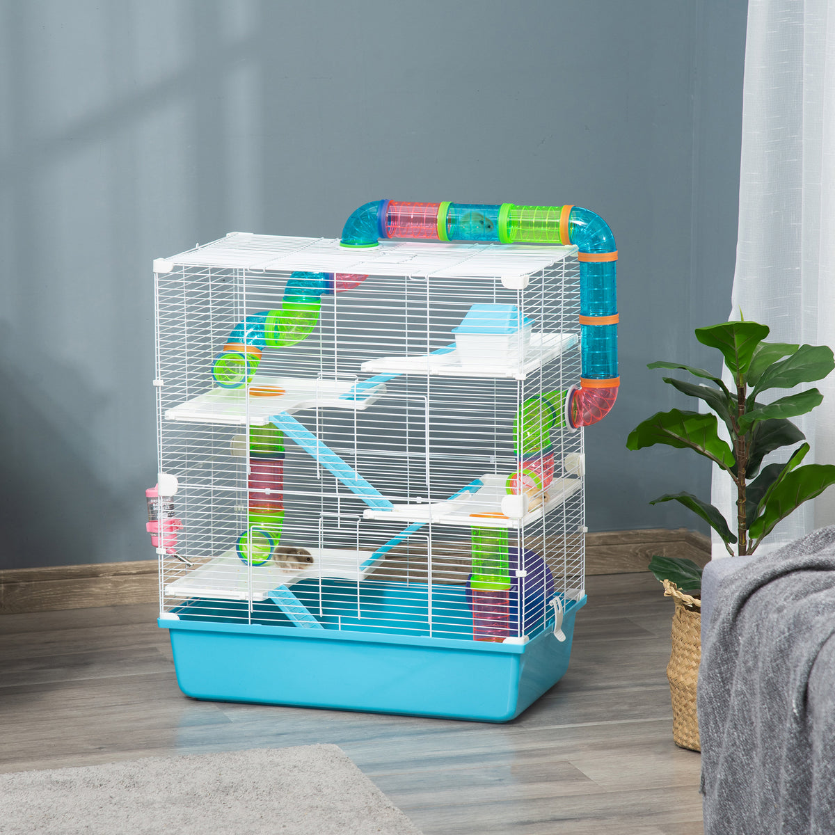PawHut Hamsterkäfig 5 Etagen Nagerkäfig Kleintierkäfig aus Stahldraht mit Laufrad, Rampe, Trinkflasche – Produktabbildung 2