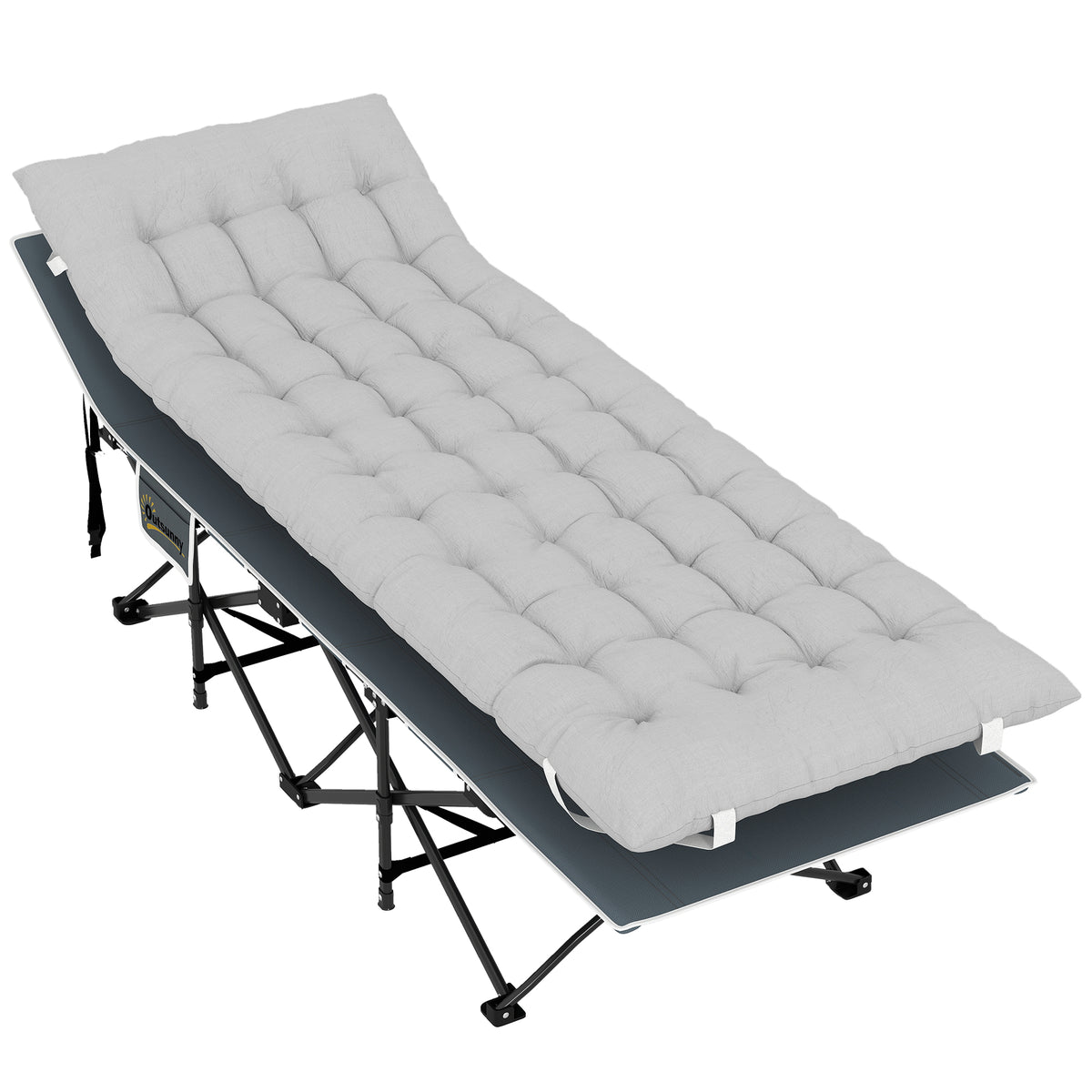 Foldable camping cot with mattress, pillow, and side pocket, 185 x 68 x 37 cm, up to 150 kg, light grey