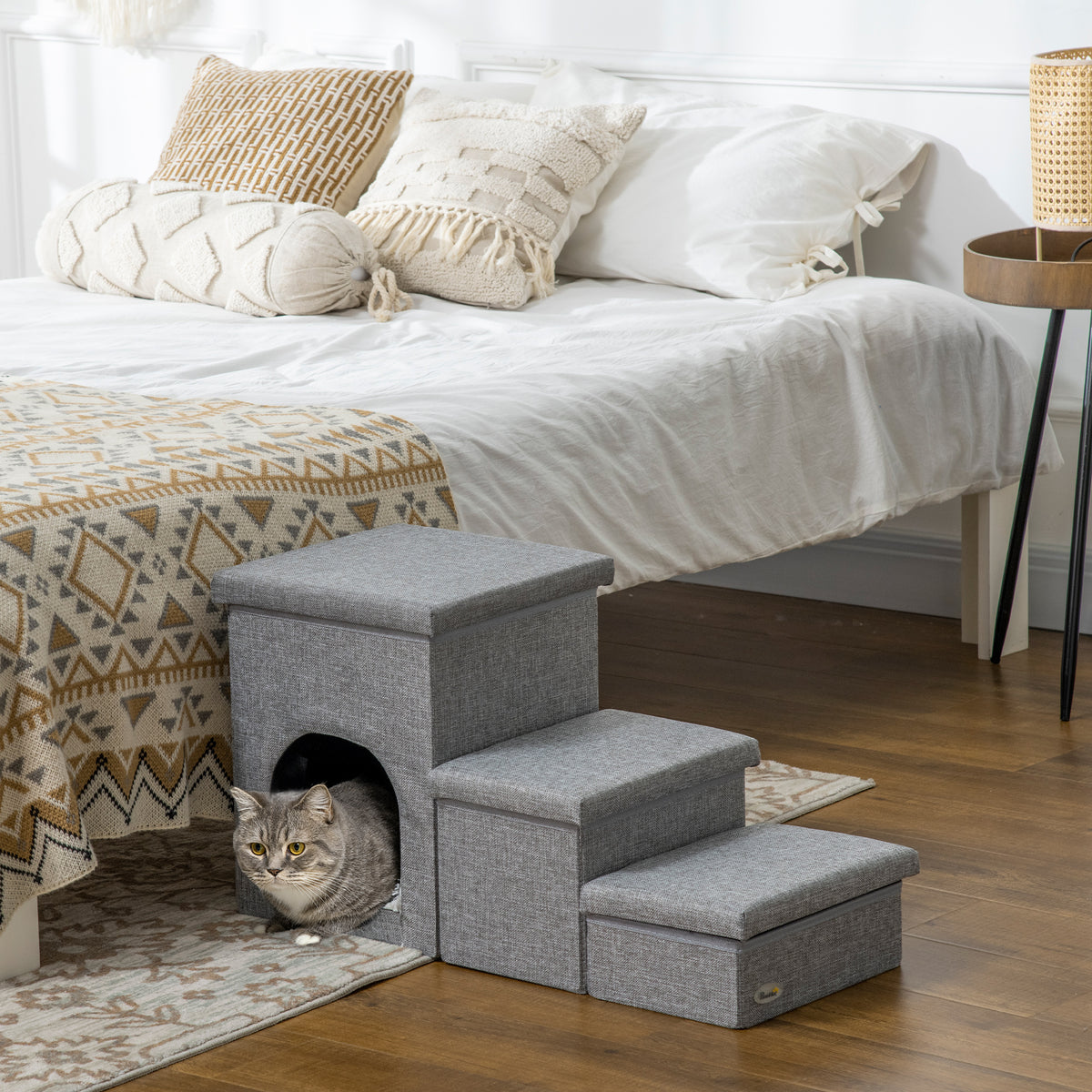 PawHut Haustiertreppe mit Haustierbett, inkl. versteckter Stauraum, 73,5 cm x 33 cm x 40,5 cm, Hellgrau – Produktabbildung 2