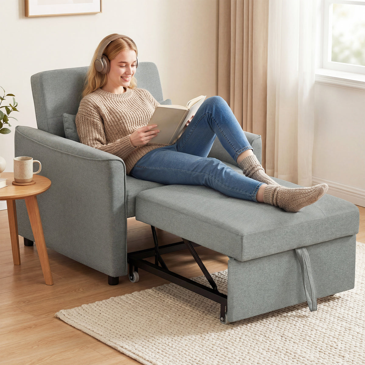 HOMCOM 3-in-1 Schlafsessel, Ausziehbarer Sofa-Bett Sessel mit Verstellbarer Rückenlehne, Grau – Produktabbildung 2