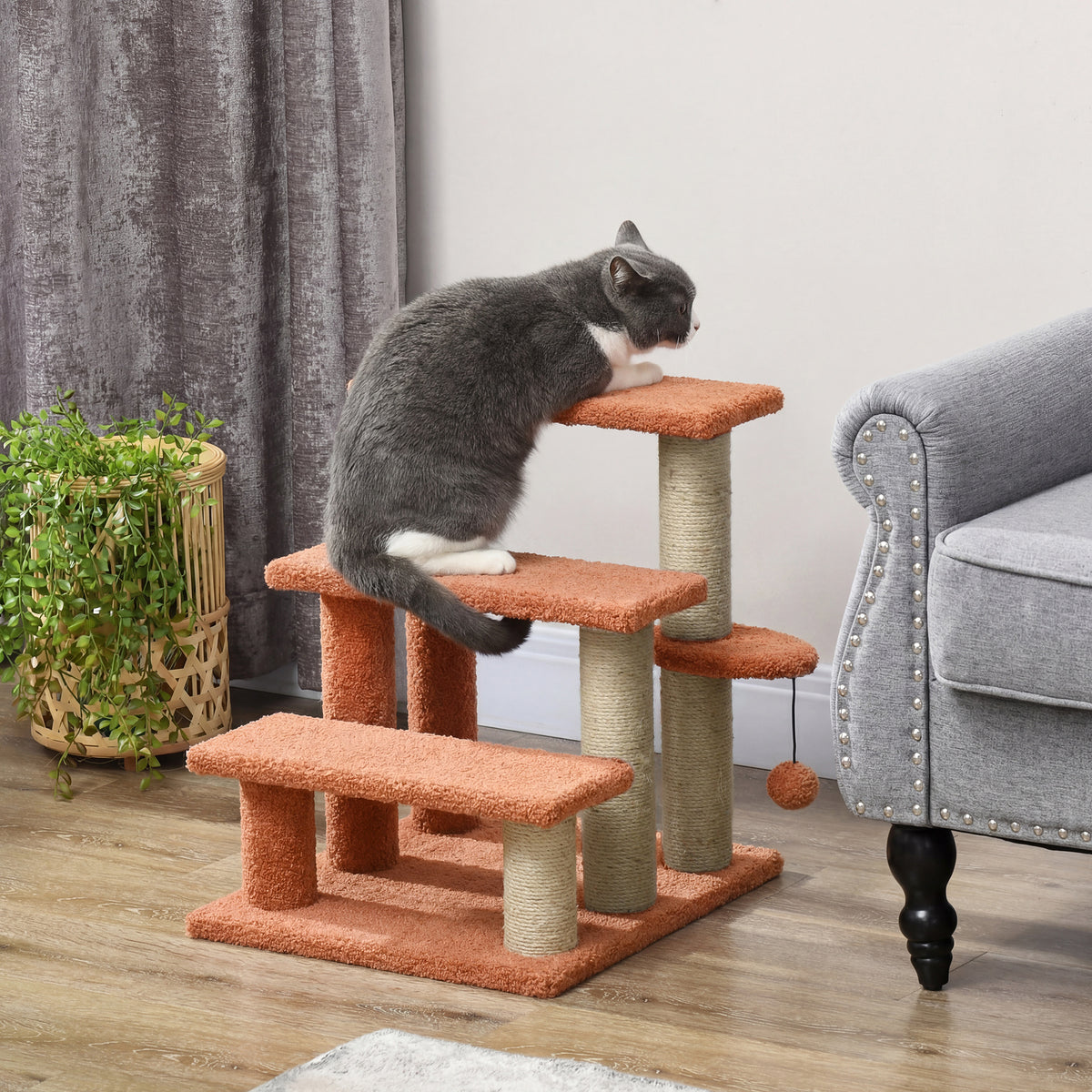 PawHut Kratzbaum, Haustiertreppe, 3 Stufen, Spielball, bis 5 kg, 45x40x48cm, Braun – Produktabbildung 2