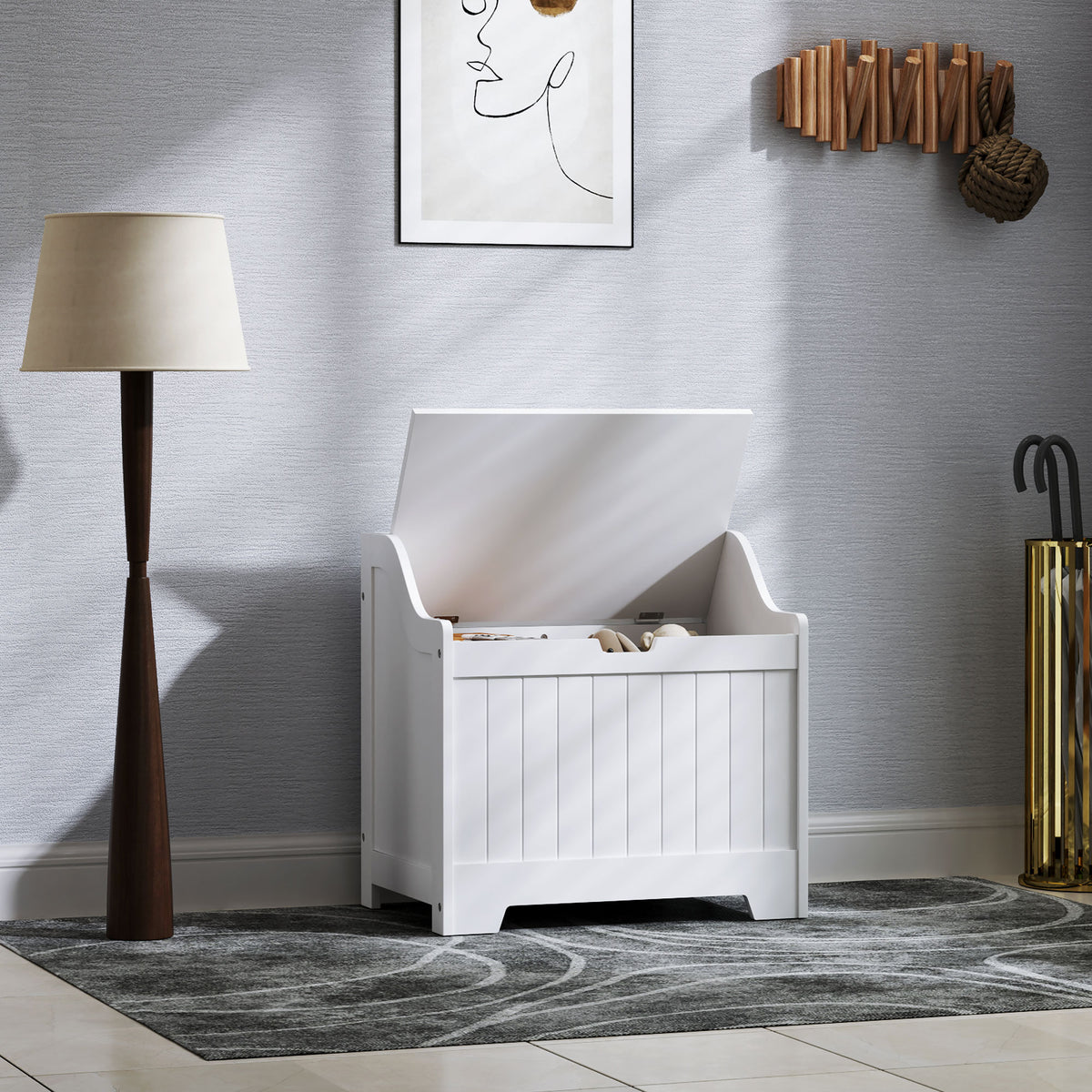 HOMCOM Aufbewahrungstruhe, Holzkiste mit Deckel, viel Stauraum, modernes Design, Weiß – Produktabbildung 2