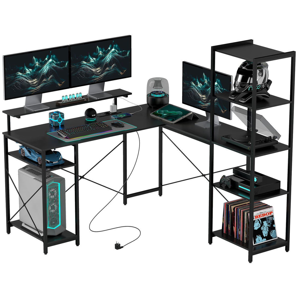 HOMCOM L-förmiger Schreibtisch mit Ladestation, Eck-Computertisch mit Monitorständer und Regalen, für