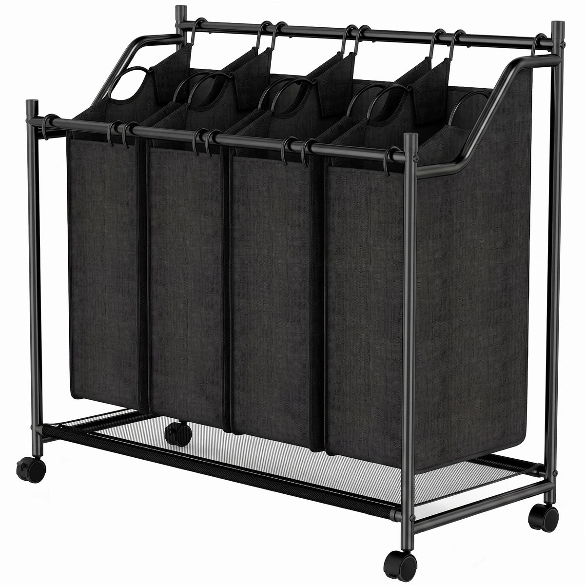 HOMCOM Wäschesammler mit Griff, 108 L rollbarer Wäschekorb mit 4 Fächern und Rollen, Schwarz