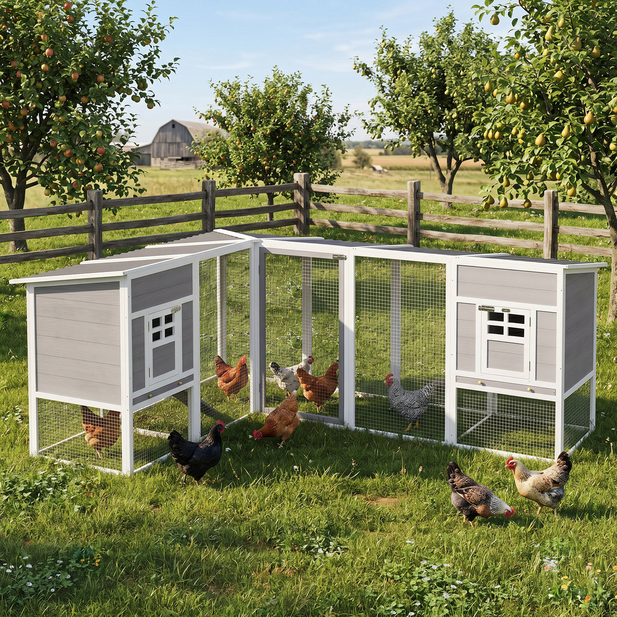 PawHut Hühnerstall L-förmiges Hühnerhaus aus Holz mit 2 Häusern, 2 Ebenen, Auslauf, Rampe, 251 x 192 x – Produktabbildung 2