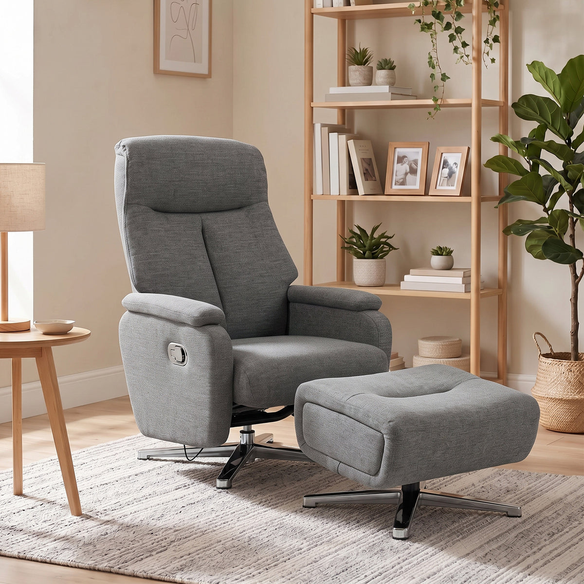 Manual reclining armchair, lounge chair with footstool in dark grey (2)
