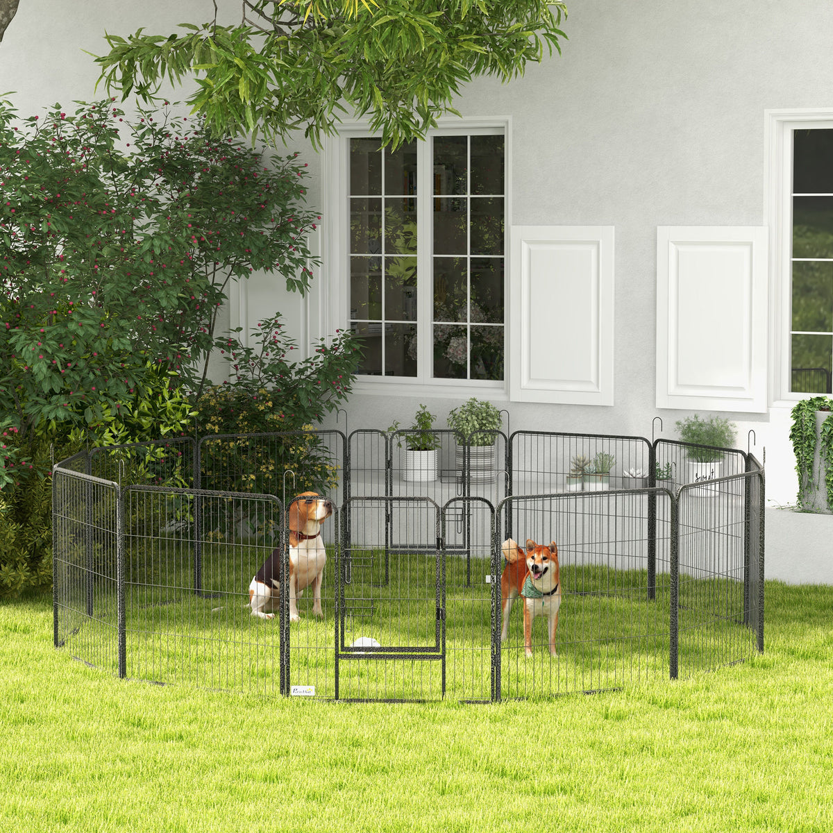 PawHut Welpenauslauf, Haustiergehege, 12 Paneele je 80x80 cm, 2 Türen, Stahlrahmen, Grau – Produktabbildung 2