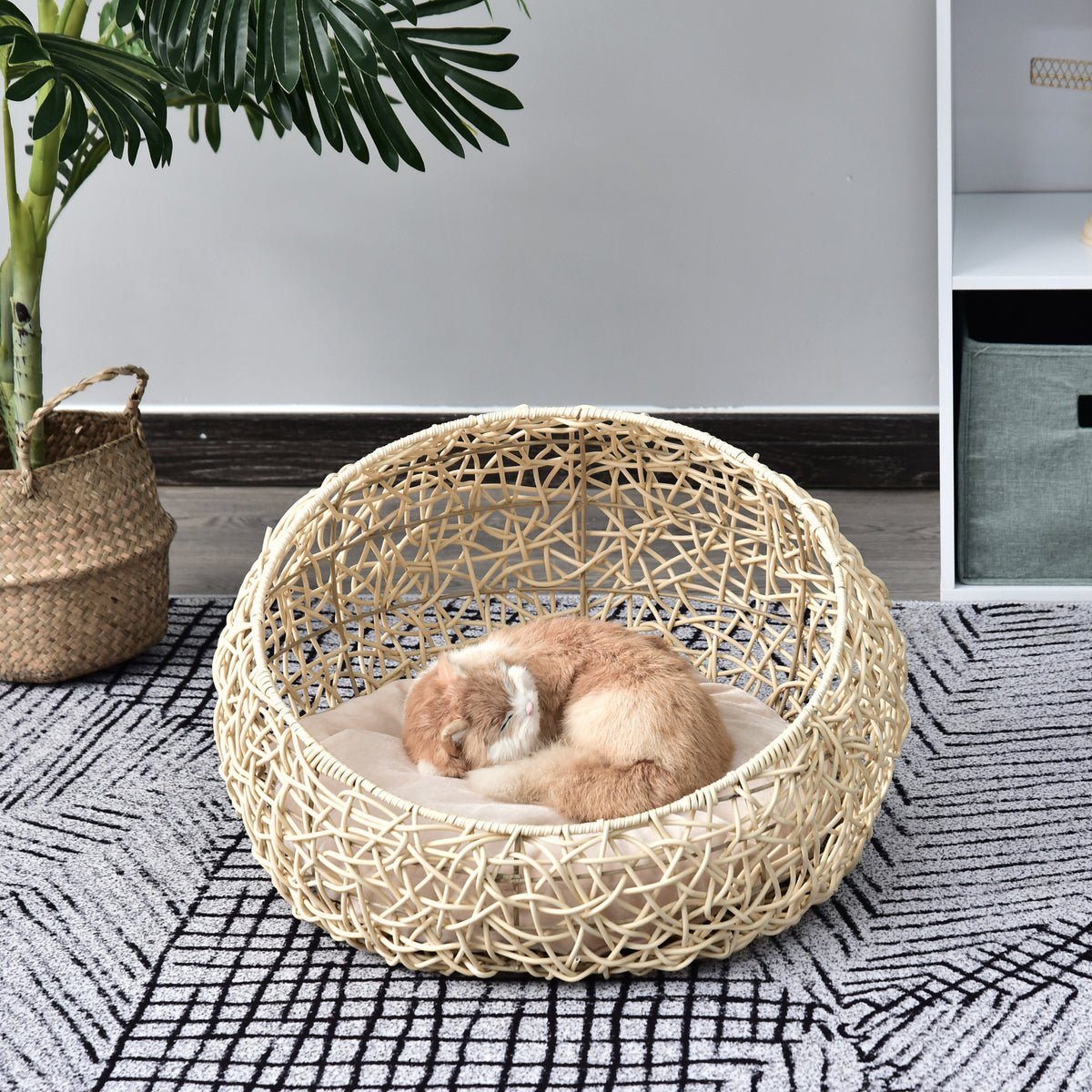 PawHut Rattan Katzenhöhle Katzenbett Katzenhaus mit Kissen Katzenzelt Haustierhaus für Katzen Hunde – Produktabbildung 2