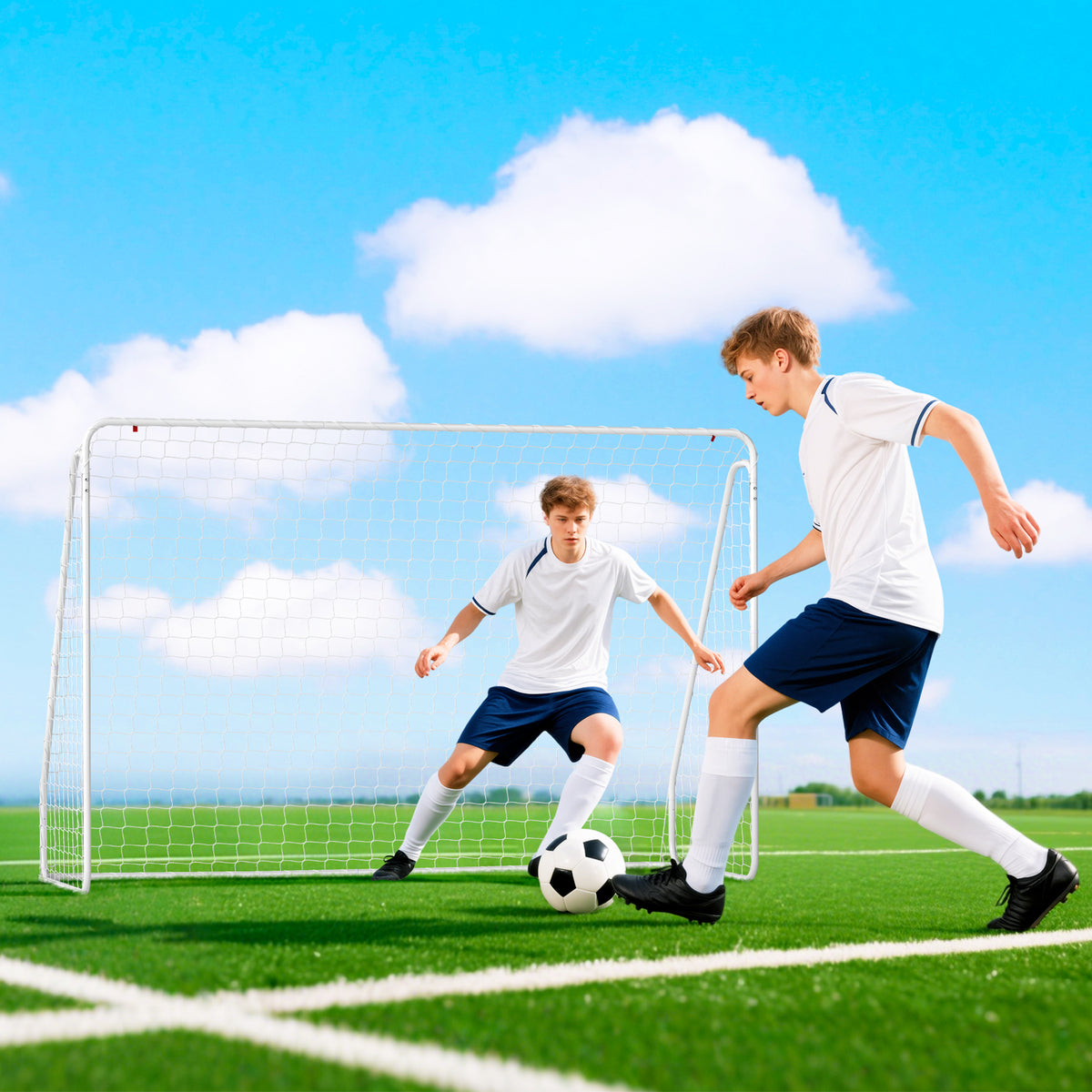 Soccer goal for matches & training, UV-resistant, robust, ground anchors, white (2)