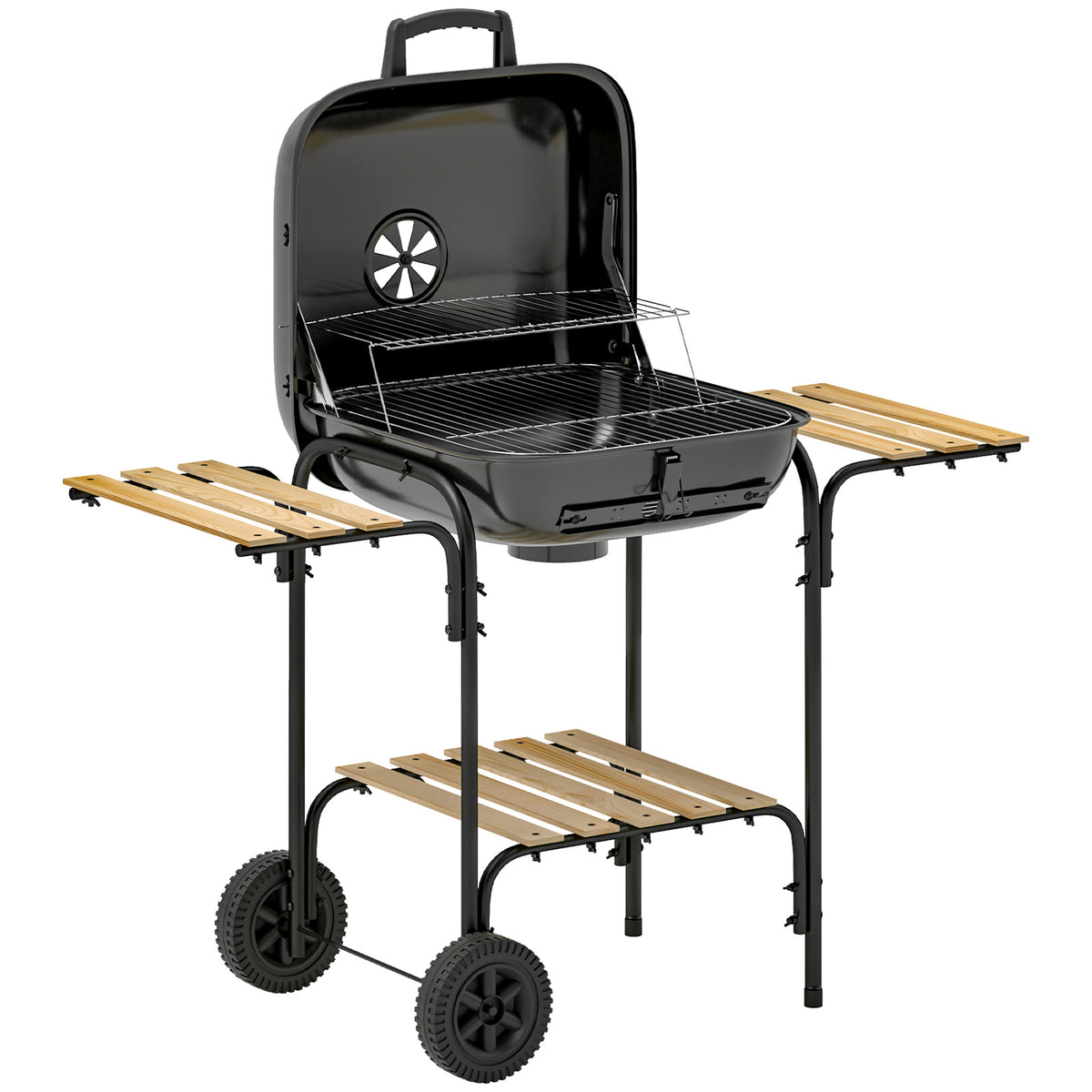 Outsunny Holzkohlegrill aus Stahl Grillwagen mit abschließbarem Deckel Grillrost Räder Griff Holzablage 98 x