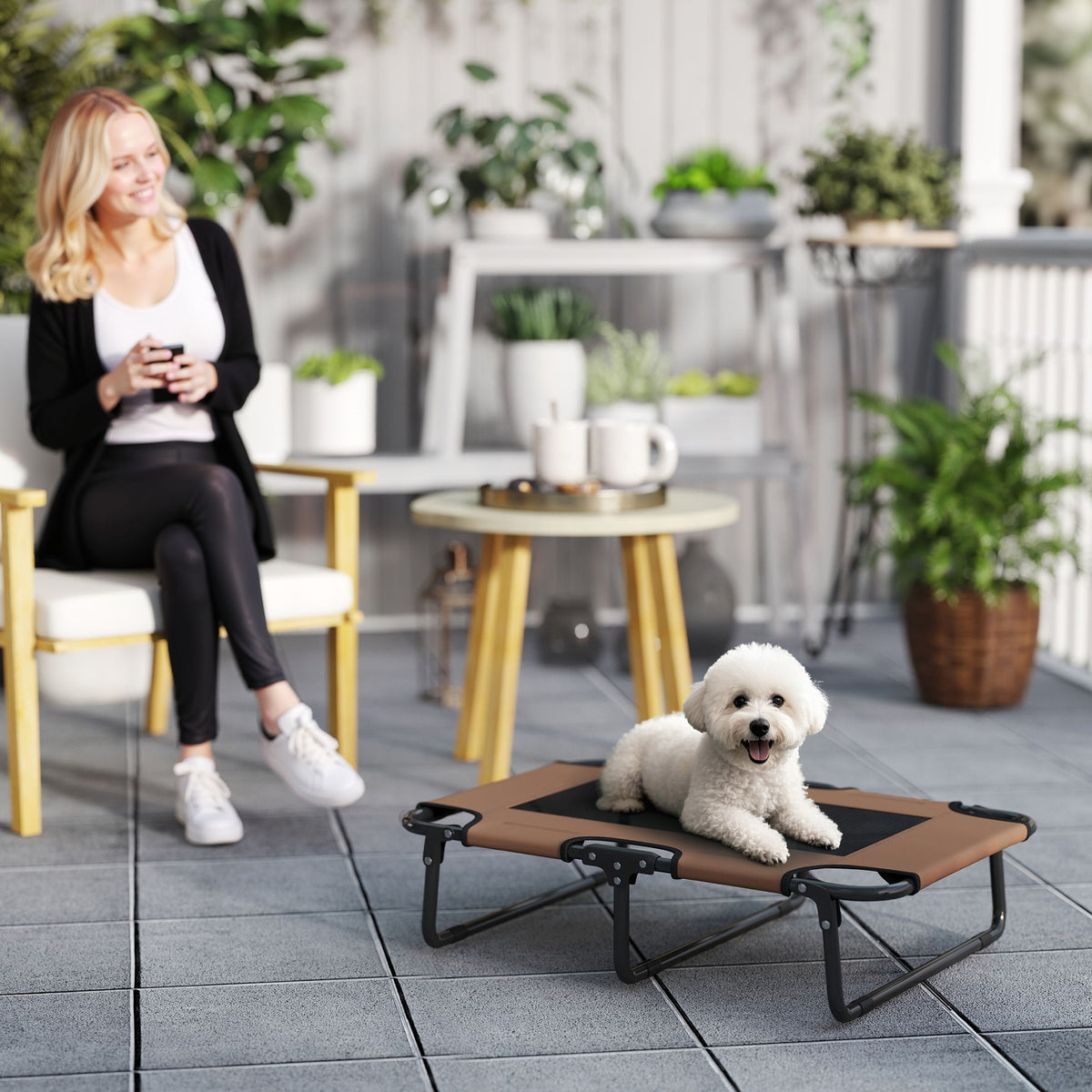 PawHut Erhöhtes Hundebett klappbar Haustierbett, Outdoor Hundeliege mit Netzdesign Kaffee Oxford 75 x 51 – Produktabbildung 2