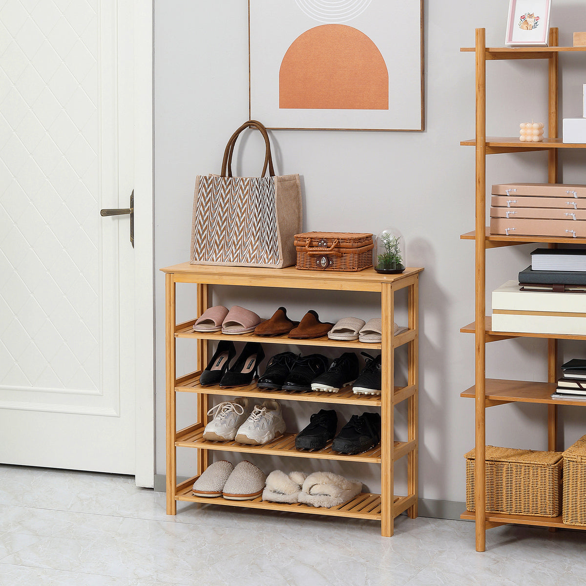 4-tier shoe rack, bamboo, slatted, up to size EU 45, natural (2)