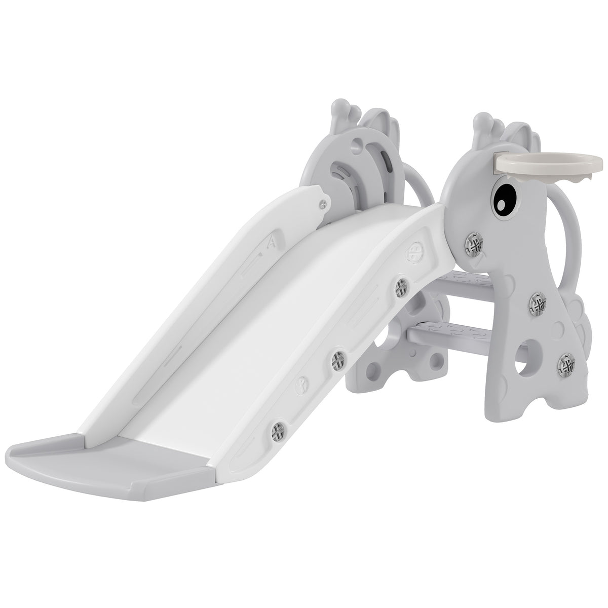 3-in-1 Rutsche für Kinder, Giraffenform, Basketballkorb, Ball, Grau