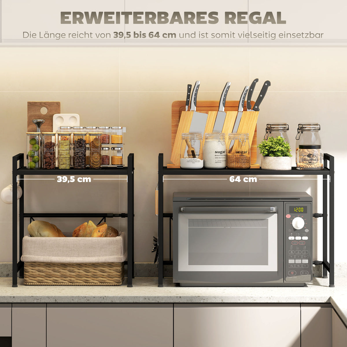 HOMCOM Mikrowellenregal, 3 Haken, ausziehbar, Metall, 40 cm hoch, Schwarz – Produktabbildung 5