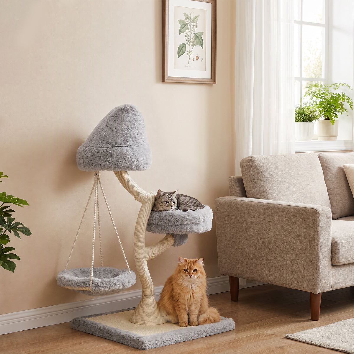 PawHut Kratzbaum 115 cm hoch Katzenbaum mit Baumform 2 waschbaren Betten Hängematte Sisal-Kratzstamm – Produktabbildung 2