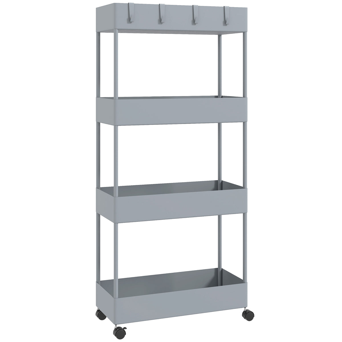 HOMCOM Küchenwagen mit 4 Regalen, 4 flexiblen Haken, 4 Rollen, 40 cm x 19 cm x 90 cm, Nischenwagen, Grau