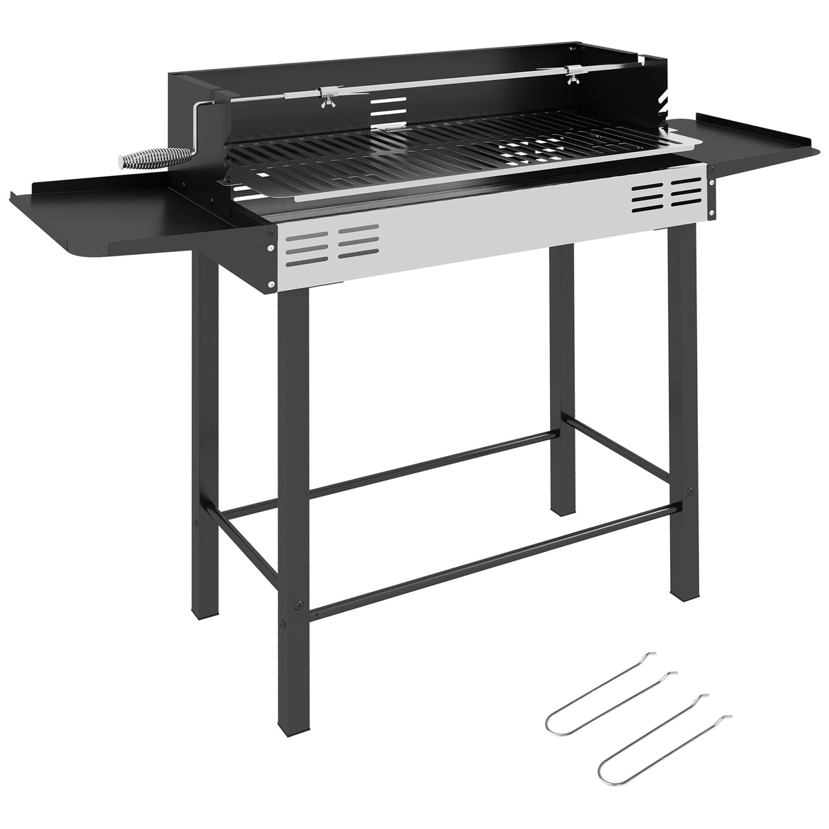 Charcoal grill BBQ grill, adjustable grate, 1 rotisserie spit, 118 x 32 x 90 cm, black + silver