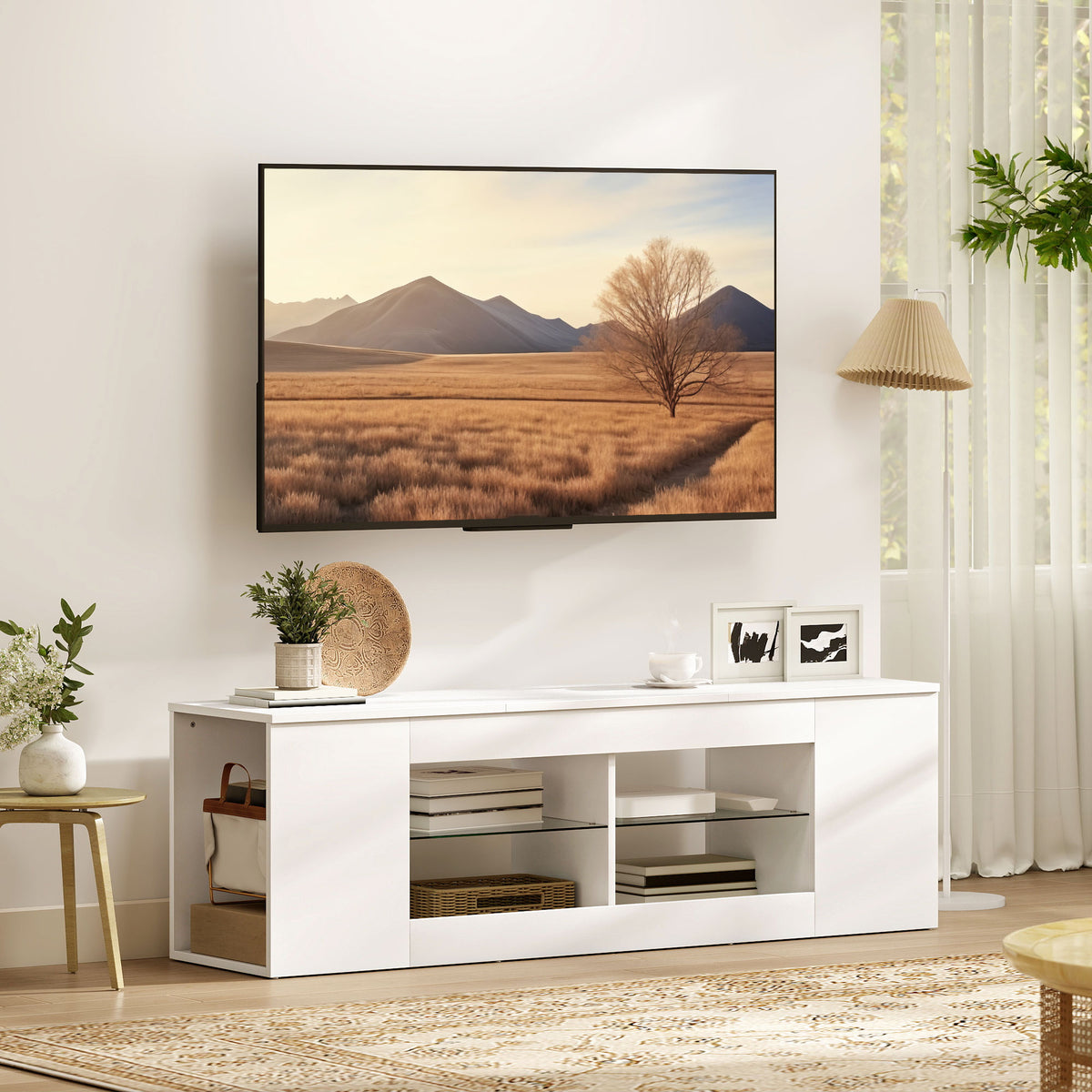HOMCOM 140 cm TV-Ständer, Fernseh-Kommode, 6 Fächer, 2 Glasregale, Spanplatte, Weiß – Produktabbildung 2