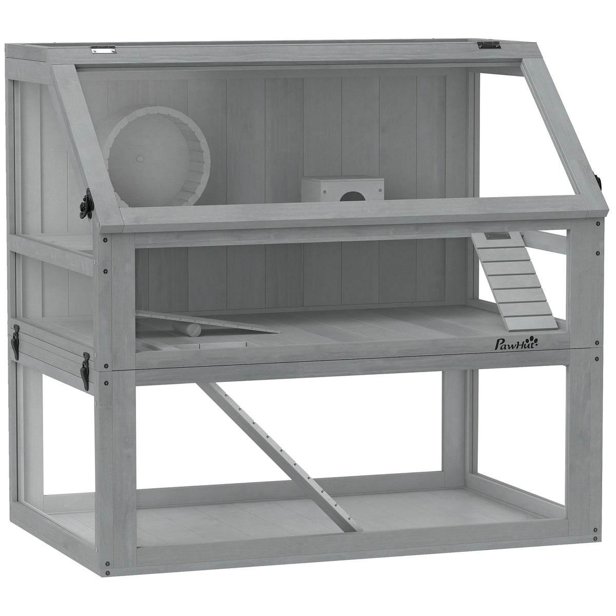 Hamster cage wood, 3 levels with deep base, removable tiers, for small animals, 80x50x76cm, light grey