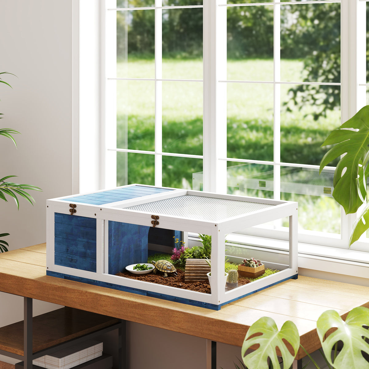 Wooden tortoise house tortoise enclosure with main houses hinged top 91x60.5x32 cm, blue (2)