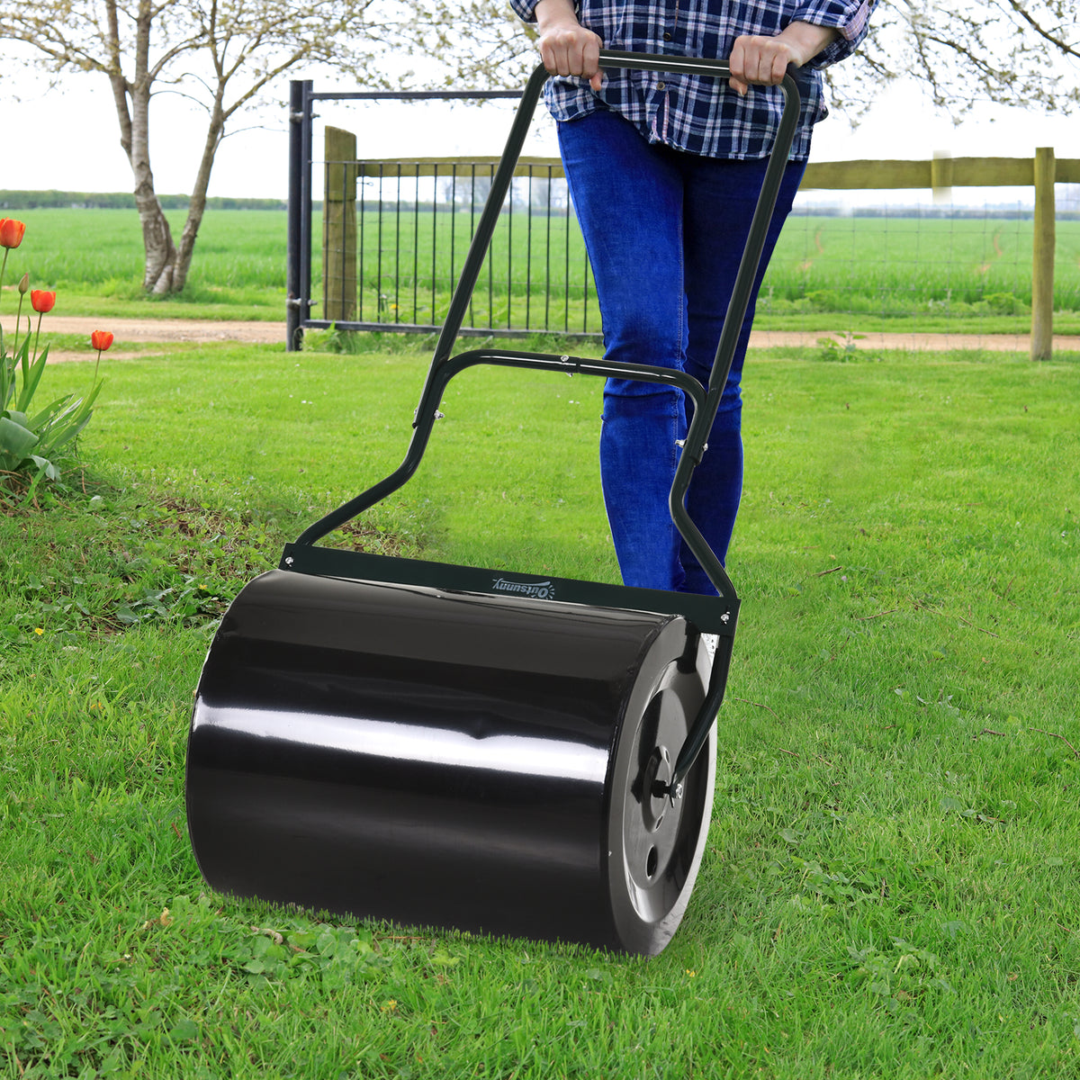 Lawn roller with U-handle, garden roller, 40 cm diameter, 60 L water/sand filling, metal, black 57 x 40 x 123 cm (2)
